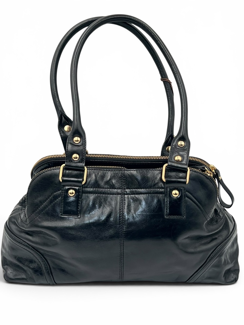 Vintage Kate Landry Black Glossy Leather Satchel Y2K Zebra Lined Shoulder Bag - Picture 2 of 8